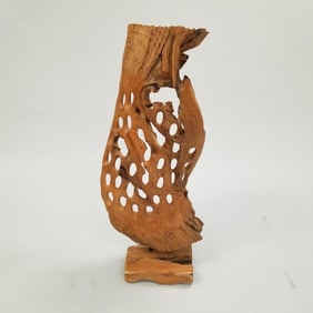 Large 43"T teakwood sculpture: 24 lbs, 16"W 9"D