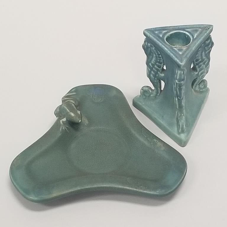 2 Rookwood pottery pieces: frog dish (1931) 3/4"H 6 1/4"W & seahorse candlestick (1922) 3 7/8"H 3"W