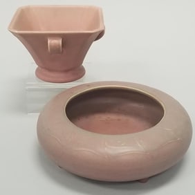 2 Rookwood pottery pieces: handled vase (1926)- 3 5/8"H 5 3/4"W & footed bowl (1915)- 2 1/2"H 8"W