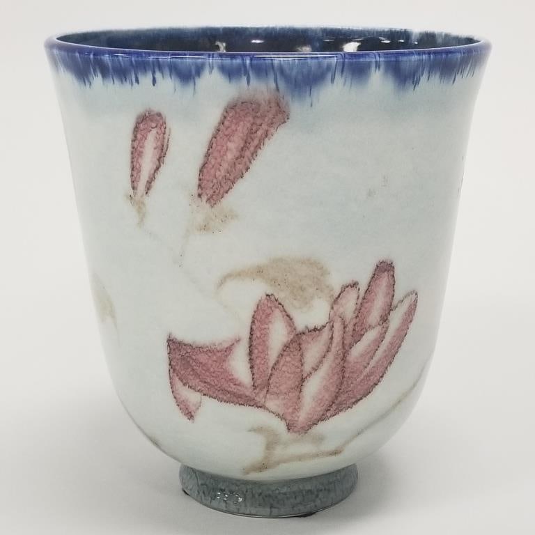 William Hentschel, Kenton Hills, signed porcelain vase- red magnolias- 7 1/8"H 6 1/2"W: William Hentschel, Kenton Hills, signed porcelain vase- red magnolias- 7 1/8"H 6 1/2"W