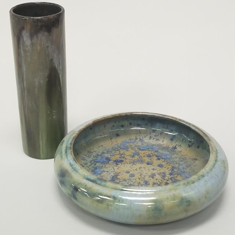 2 Fulper pottery pieces: cylinder vase 8"H 2 1/2"D & low bowl with crystaline glaze 2 1/4"H 8 3/4"W (1 of 18)
