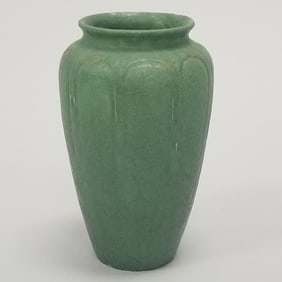 Grueby, Boston, curdled pottery matte green vase: artist signed- 7 1/2"H 4 1/2"W
