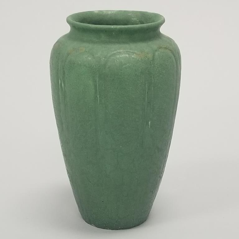 Grueby, Boston, curdled pottery matte green vase: artist signed- 7 1/2"H 4 1/2"W