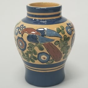 University of North Dakota School of Mines decorated vase: birds (1943) J. Conners- 6 1/4"H 4 3/4"W