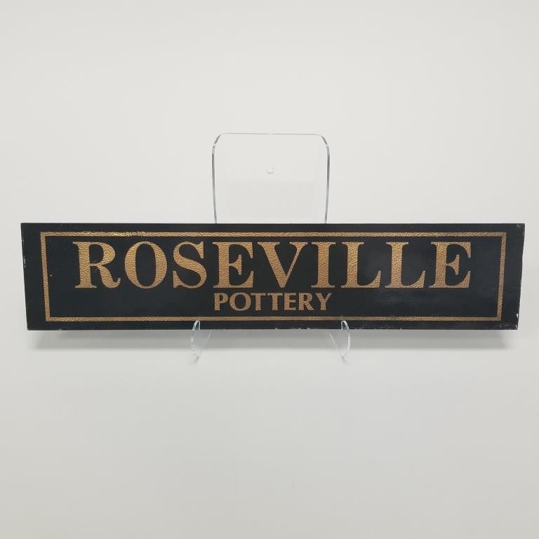 Roseville vintage glass window sign (some chips/ roughness) 4"H 18"W: Roseville vintage glass window sign (some chips/ roughness) 4"H 18"W