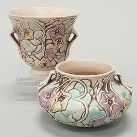 2 Roseville ivory morning glory pieces: vase 723-5 - 5 1/4"H & bowl 268-4 - 4"H