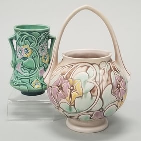 2 Roseville morning glory pieces: Ivory basket 340-10 - 10 1/2"H & green handled vase 724-6 - 6
