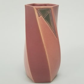 Roseville Futura geometric pink vase: 428-8- 8"H