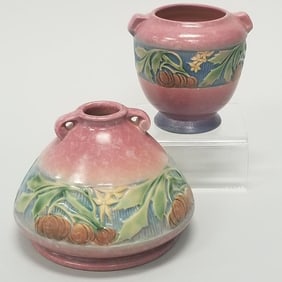 2 Roseville Baneda pieces: 603-4 vase- 4 1/4"H & 587-4 vase- 4"H