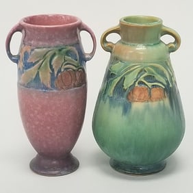 2 Roseville Baneda vases: pink 588-6 - 6 1/8"H & green 602-6 - 6"H