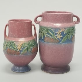 2 Roseville Baneda vases: pink- 7"H (calcium build-up inside) & pink #589-6 - 6 1/8"H