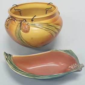 2 Roseville pinecone pieces: 428-8 candy dish- 9 1/8"L & 3525 hanging basket- 5"H