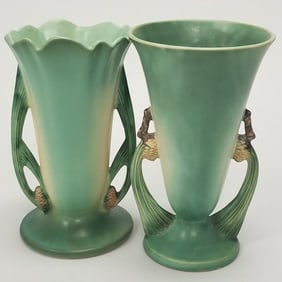 2 Roseville pinecone handled vases: 747-10 - 10 1/2"H & 491-10 - 10 1/4"H (flake repair)