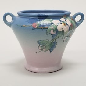 Weller Hudson artist signed Walch vase: handled & floral decor- 5 1/4"H 7 1/2"W