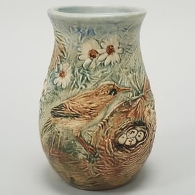 Weller Glendale artist signed vase: (restoration to factory stress line) 6 1/2"T