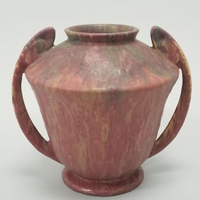Roseville #334 Carnelian red handled vase: 8"H 8 1/2"W 7 1/2"D