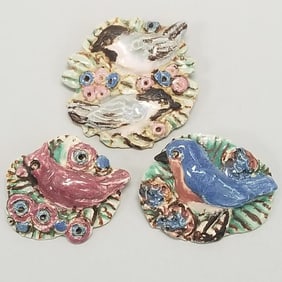3 rare Overbeck signed bird pins: 1 5/8" largest