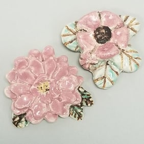 2 rare Overbeck signed flower pins: (1 missing back pin) 2" largest