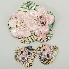 Rare Overbeck signed flower pin & pair earrings? (missing back pins) 1 7/8" largest