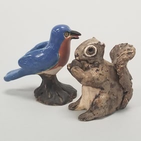 2 rare Overbeck small signed pottery animals: squirrel & bird- 2"H tallest
