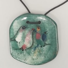 Polia Pillin signed pottery necklace/ pendant: 3"H 2 3/4"W