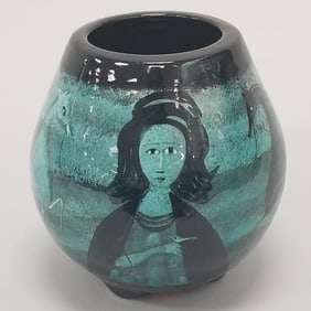 Polia Pillin signed decorated footed vase: figures & horses- 6 1/4"H 6"D