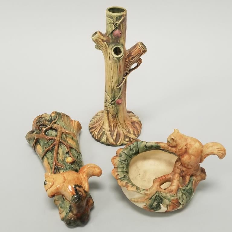 3 Weller pottery pieces: 2 with squirrels- 10 1/2"H largest (1 of 20)