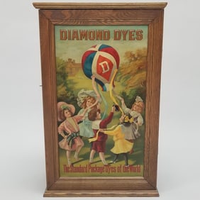Antique Diamond Dyes tin litho oak advertising cabinet: "The Balloon" 24 1/2"H 15 1/4"W 8 3/4"D