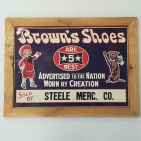 Antique Brown's Shoes tin advertising sign: Buster Brown & Tighe in oak frame (minor restoration) 16