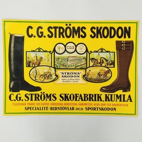 Motorcycle & farming boot tin advertising sign: C.G. Stroms Skodon Sweden- 20 3/4"H 29 1/4"W