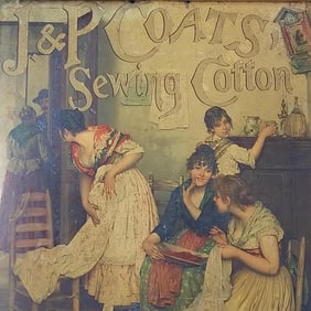 Antique J&P Coats Sewing Cotton advertising sign: litho on paper board in newer frame- 26"H 20 1/2"W