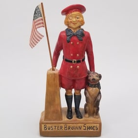 Vintage Buster Brown Shoes figural plaster advertising display: Buster & Tighe (restored/ painted)