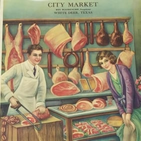 1932 City Meat Market framed calendar litho: with full pad- White Deer, Texas- 25 1/2"H 21 1/2"W