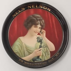 Antique Minneapolis saloon advertising tray: Nels Nelson "A Busy Wire" copyright 1913- 1 1/4"H 13"