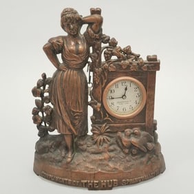 Antique "The Hub" figural brass advertising clock: Spring Valley, MN- Mpls Regulator Co. - 12"H 9"W