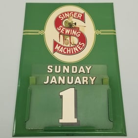 Vintage Singer Sewing Machines tin calendar sign: tin over cardboard with cardboard dates (scuff