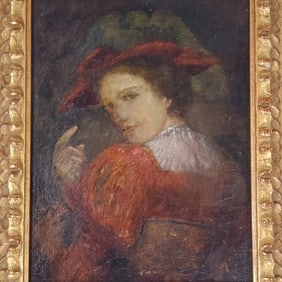 Antique signed oil painting on board: lady w/ red hat- signature illegible (some paint restoration)-
