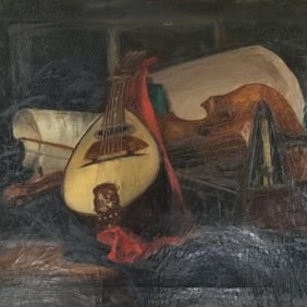 C. Marie signed antique oil painting on canvas- musical still life (as seen- craquelure, etc.)