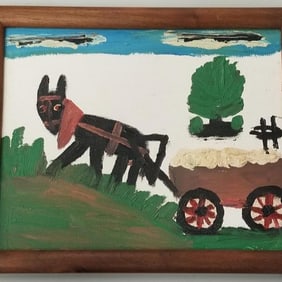 Clementine Hunter? signed (not authenticated) folk art painting on panel- horse with cart- framed 9