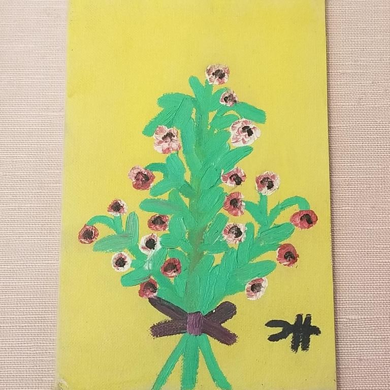 Clementine Hunter? signed (not authenticated) folk art painting on panel- bouquet flowers- framed (1 of 7)