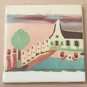 Clementine Hunter tile- printed figural scene image- framed 9 1/4"H 9 1/4"W O.D.