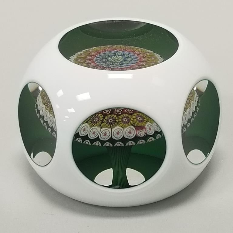 Saint Louis art glass paperweight: double overlay millefiori mushroom dated 1981- 3" diameter: Saint Louis art glass paperweight: double overlay millefiori mushroom dated 1981- 3" diameter