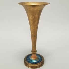 Louis C. Tiffany Furnaces Inc footed trumpet vase: enameled  (some finish wear) 13 3/4"H