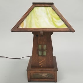 Mission Arts & Crafts wooden windmill motif lamp by Peterson Lamp Co- Faribault, MN with hand
