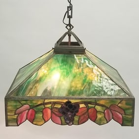 Arts & Crafts chandelier with grape leaded glass motif shade- 29 1/2" overall drop 20 1/4" D