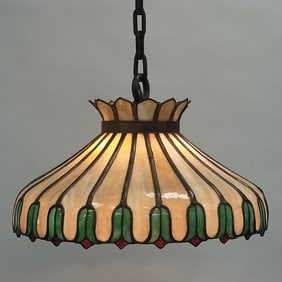 Arts & Crafts chandelier with tulip design leaded glass shade (some as is- breaks, etc.) 36" overall