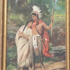 Antique oil painting on canvas: Native Americans- framed 22 3/4"H 16 3/4"W OD (frame possibly