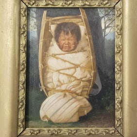 Antique signed oil painting on board: baby in papoose- in the manner of Grace Carpenter Hudson-
