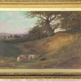 Large 19th Century early oil painting on canvas under glass- pasture (some losses to frame)- framed