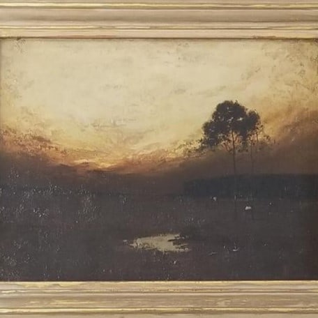 Felix Russman signed oil painting on canvas "After Glow" (as seen- paint lifting, etc) framed 14: Felix Russman signed oil painting on canvas "After Glow" (as seen- paint lifting, paint losses under the tree in the darkest area, paint peeling below the paint loss, some craquelure throughout) frame
